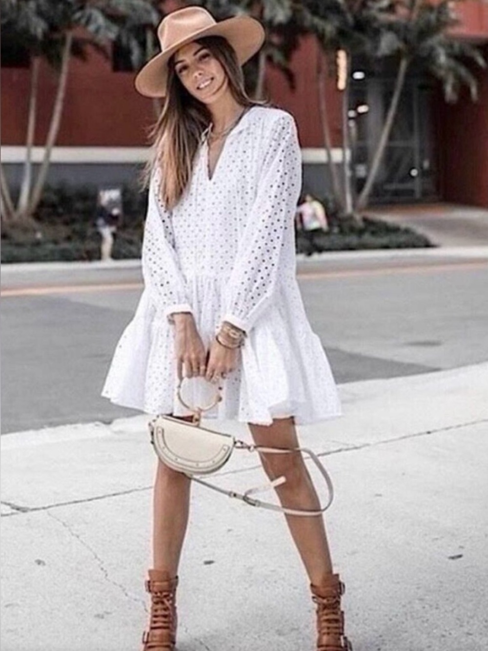 J. Crew White Tiered Popover Embroidered Eyelet Long Sleeve Dress Size M